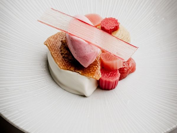 Elegant dessert with rhubarb and cream on a white plate at The Capital Hotel, London.