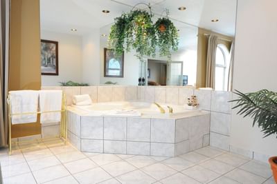 Modern bathtub featuring vanity products in Presidential Suites at Service Plus Inns & Suites