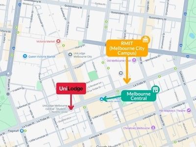 Aerial map view showing close proximity between UniLodge Melbourne Central and RMIT University Melbourne City Campus.