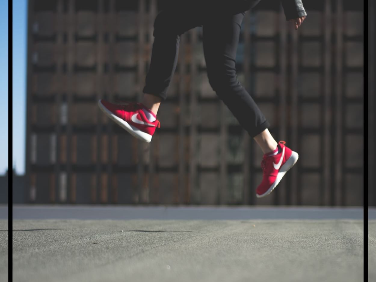 Close-up of a person's legs while jumping at Pullman & Mercure Brisbane King George Square