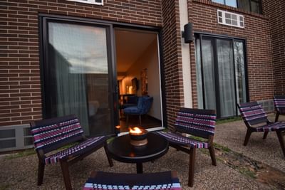 a table and chairs on a patio