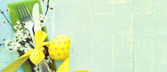 Close-up of Easter eggs & cutlery, Rosen Inn at Pointe Orlando