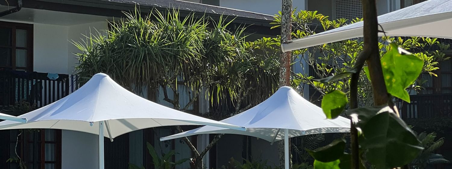 Adult Only Pool and Bar with blue loungers and white umbrellas at Warwick Fiji Resort and Spa, Korolevu