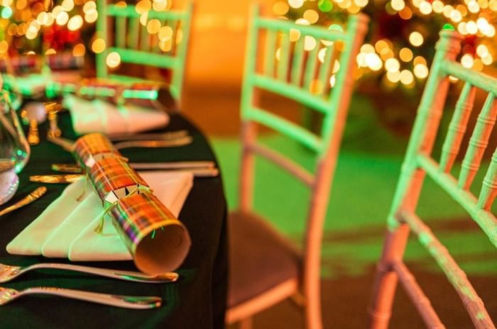 Festive table at the shared Christmas parties at Easthampstead Park in Berkshire