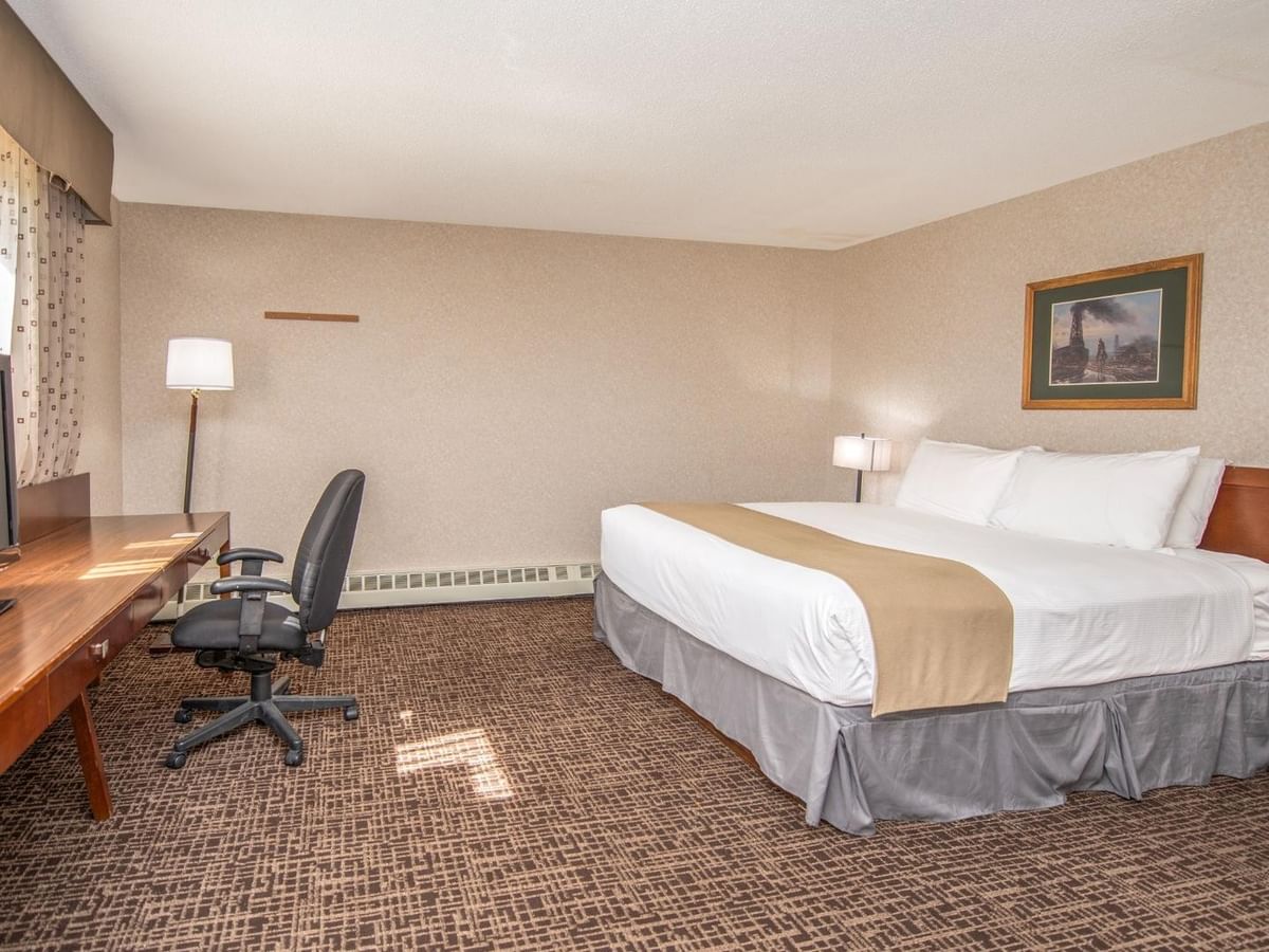 Hotel room with a bed, desk, chair, TV, and picture frame on the wall.