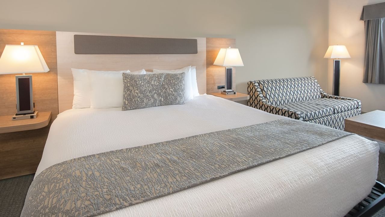 Hotel room with king bed, couch, and lamps