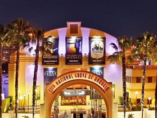 Illuminated City National Grove of Anaheim entrance at night with palm trees and buildings.