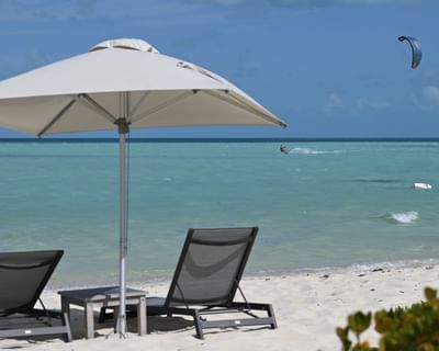 Pool beds arranged by the sea near H2O Life Style Resort