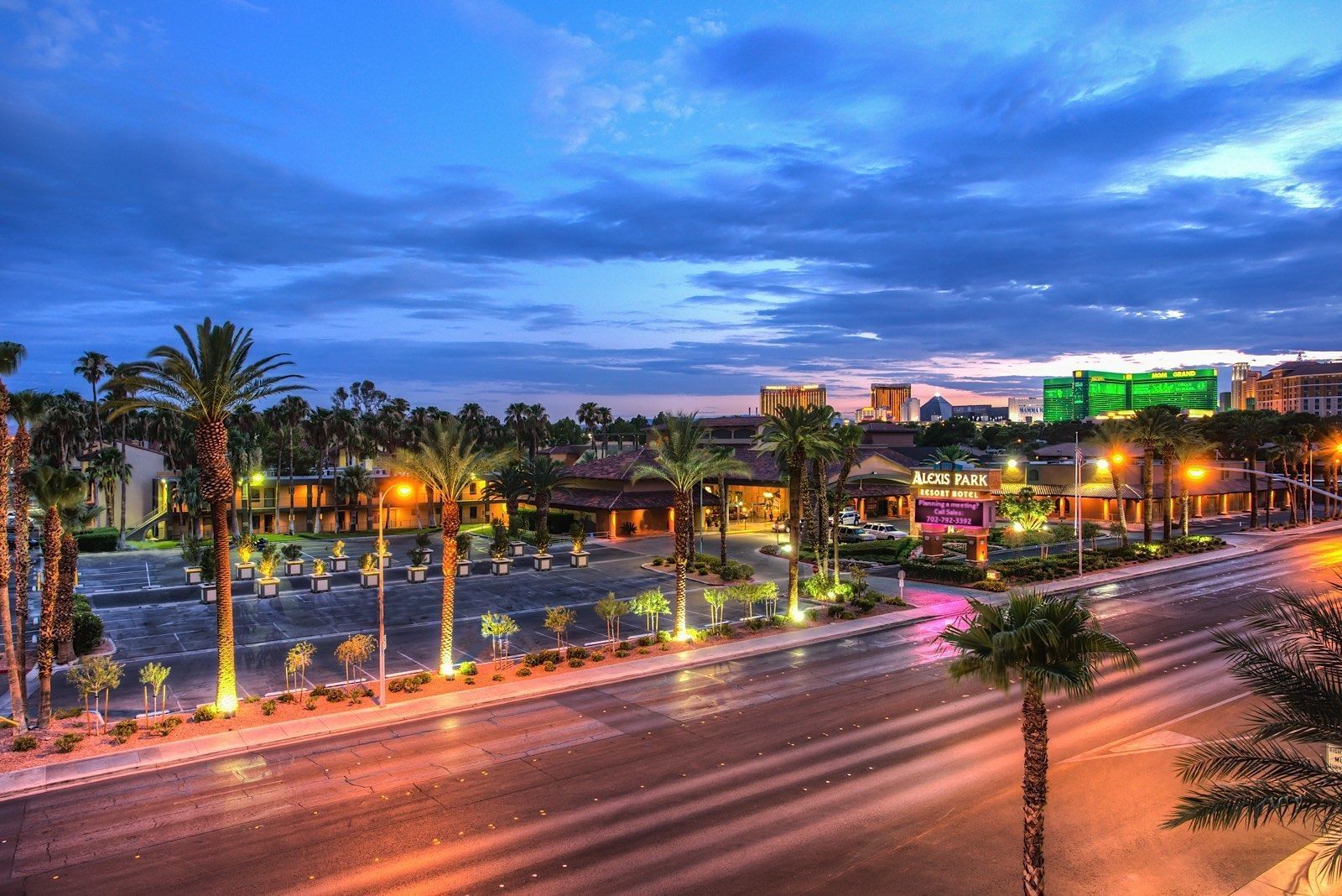Aerial view of Alexis Park Resort from street