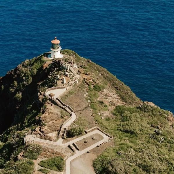 Aerial view of Makapu‘u Point Lighthouse Trail on a sunny day near Waikiki Resort Hotel by Sono