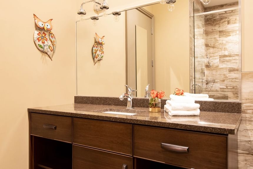 Towels on bathroom vanity in King Premiere Ranch at Retro Suites Hotel