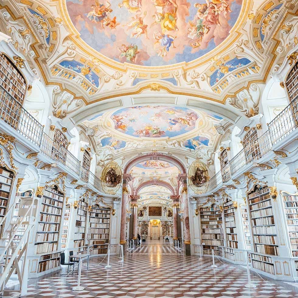 Bookshelves in Admont Benedictine Abbey near Falkensteiner Hotel Schladming