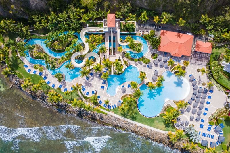 Aerial view of Coqui Waterpark with pools, winding white water slides, and palm trees at El Conquistador Resort