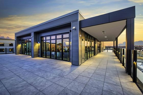 modern terrace with view of sunset