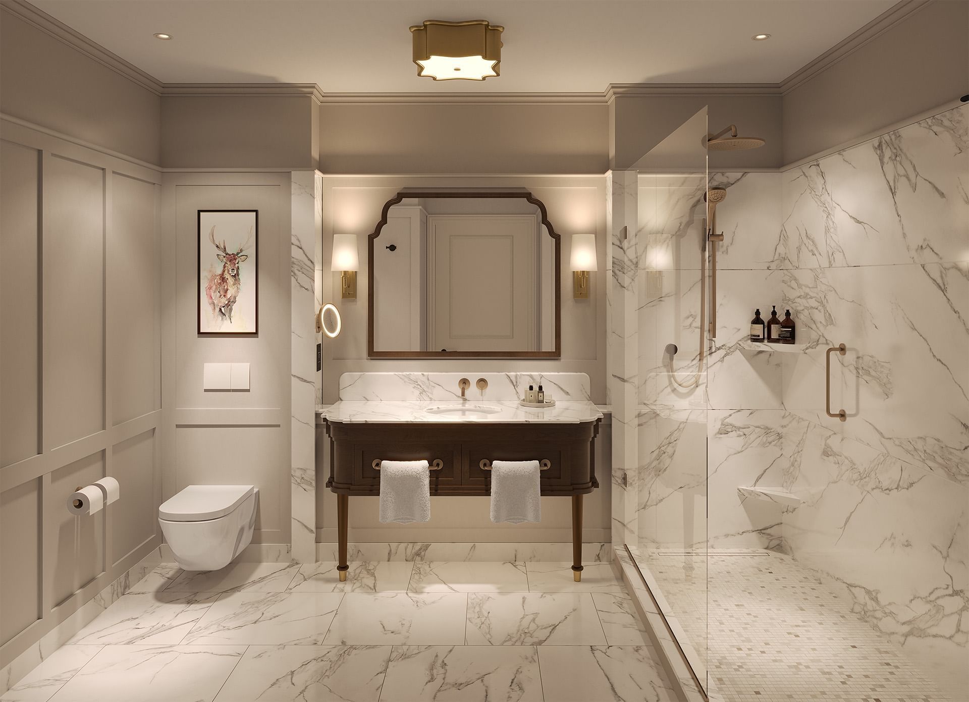 Vanity with stylish fittings and shower area with a lavatory in the room, hotels in St Andrews Fife at Seaton House