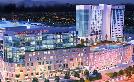 Aerial view of the Sunway Medical Centre next to Sunway Hotel Seberang Jaya at night
