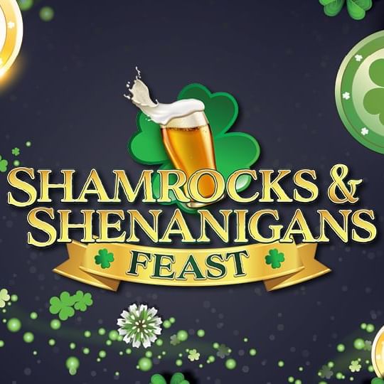 Shamrocks and Shenanigans Feast Logo against dark background with shamrocks
