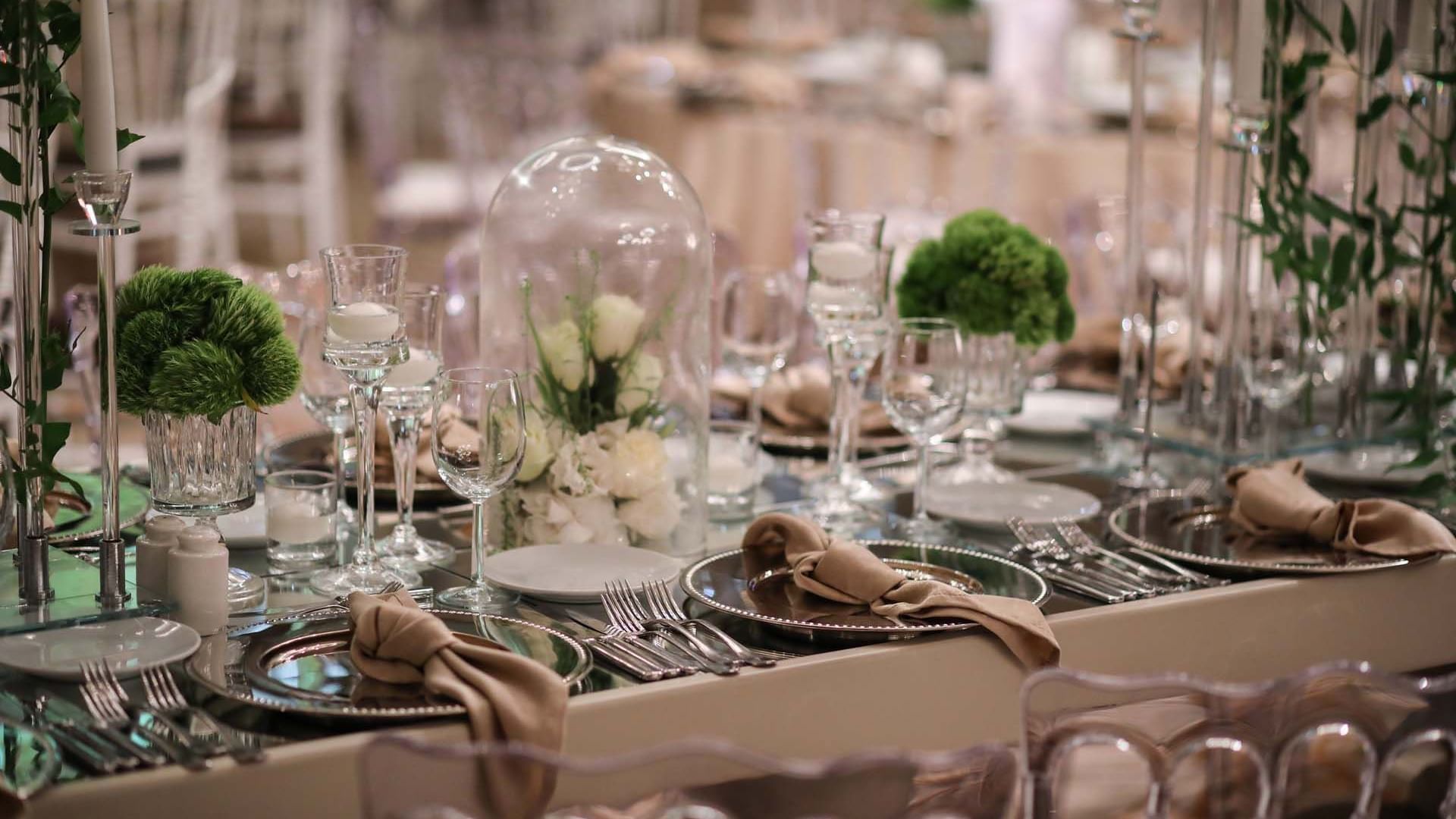 Flower decoration applied on a table for a wedding event in Karina Ballroom at Titanic Business Kartal