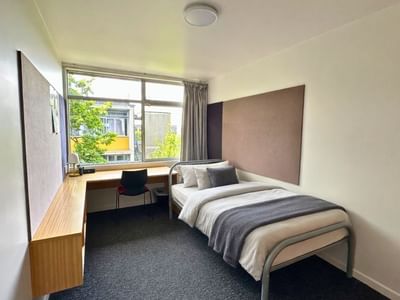 Single bed with desk and chair in a simple student room at Ilam Student Accommodation.