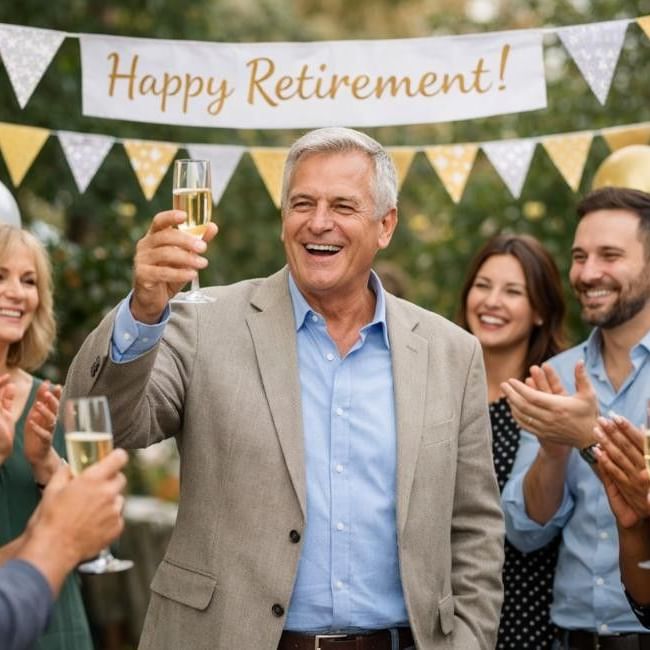 Man celebrating his retirement party surrounded by loved ones featuring our article on 