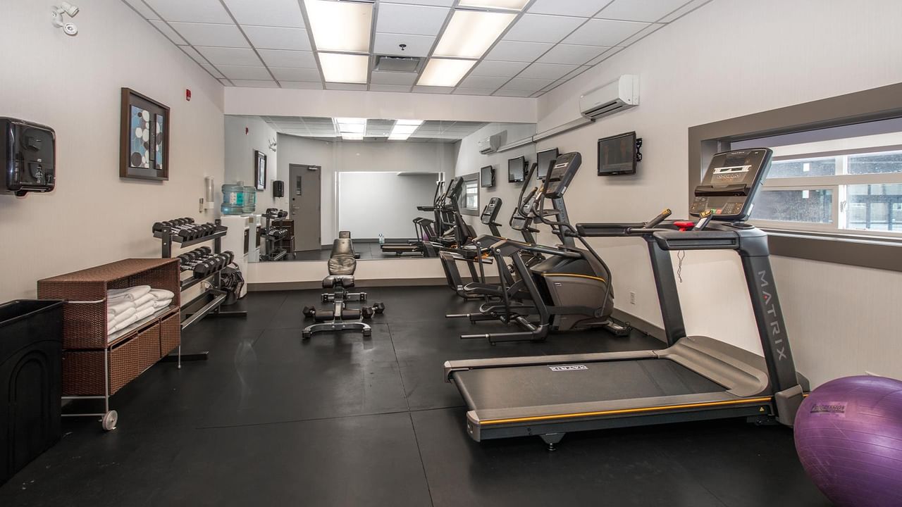 Fitness center with treadmills, weights, and exercise balls.
