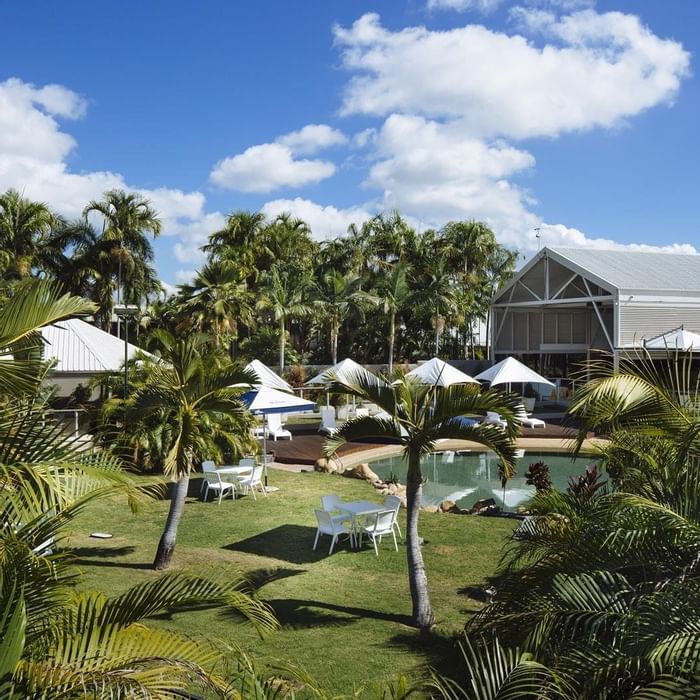 Sunny outdoor space featuring palm trees, lounge chairs, and a pool at Mercure Hotel Townsville