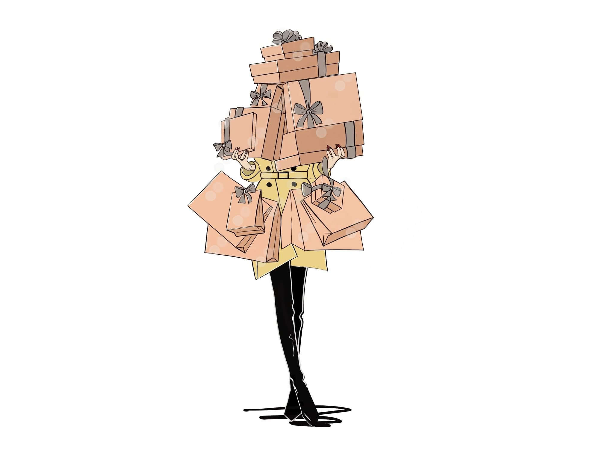 Fashionable illustration of a person holding gift bags in a tan trench coat at The Capital Hotel, Apartments and Townhouse