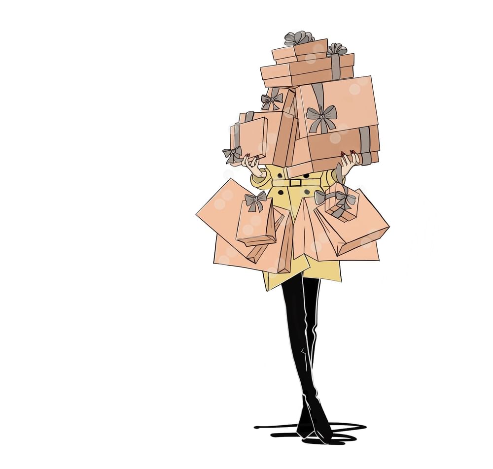 Fashionable illustration of a person holding gift bags in a tan trench coat at The Capital Hotel, Apartments and Townhouse