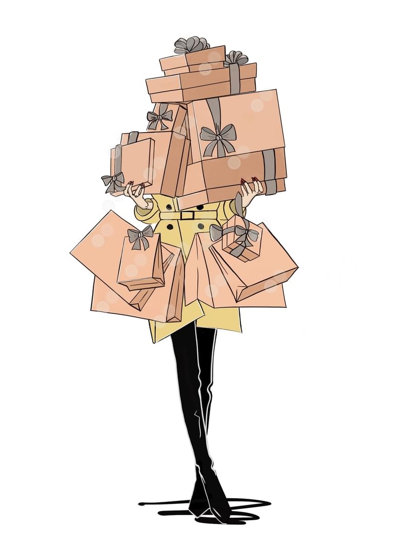 Fashionable illustration of a person holding gift bags in a tan trench coat at The Capital Hotel, Apartments and Townhouse