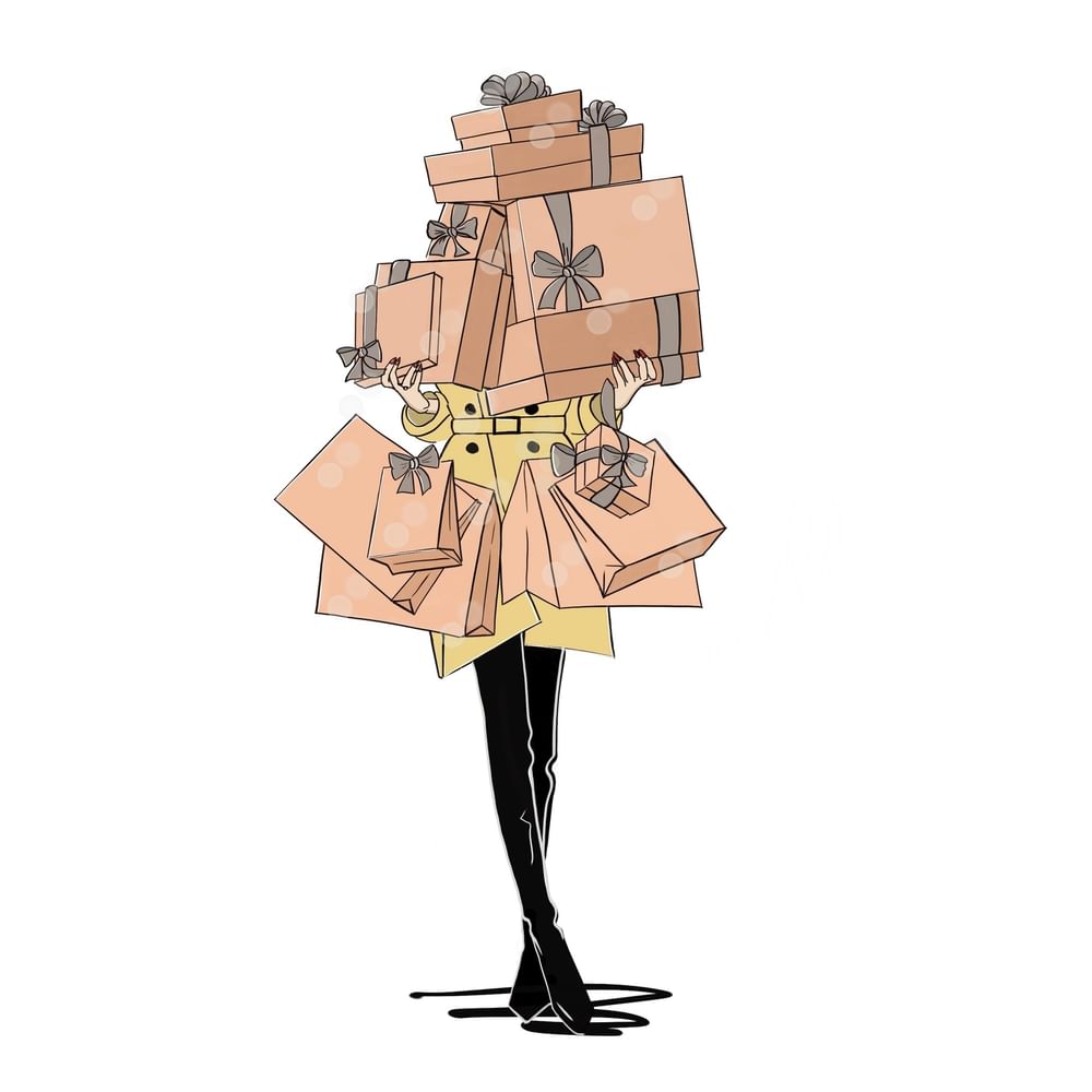 Fashionable illustration of a person holding gift bags in a tan trench coat at The Capital Hotel, Apartments and Townhouse