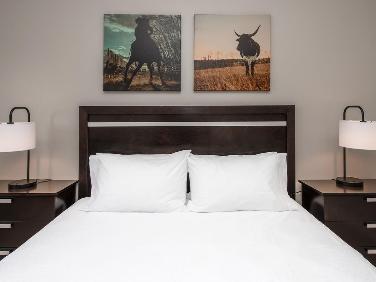 King-sized bed with pillows and artwork above.
