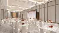 Banquet-style table arrangement in The Fullerton Ballroom at Ocean Park Hotel Hong Kong