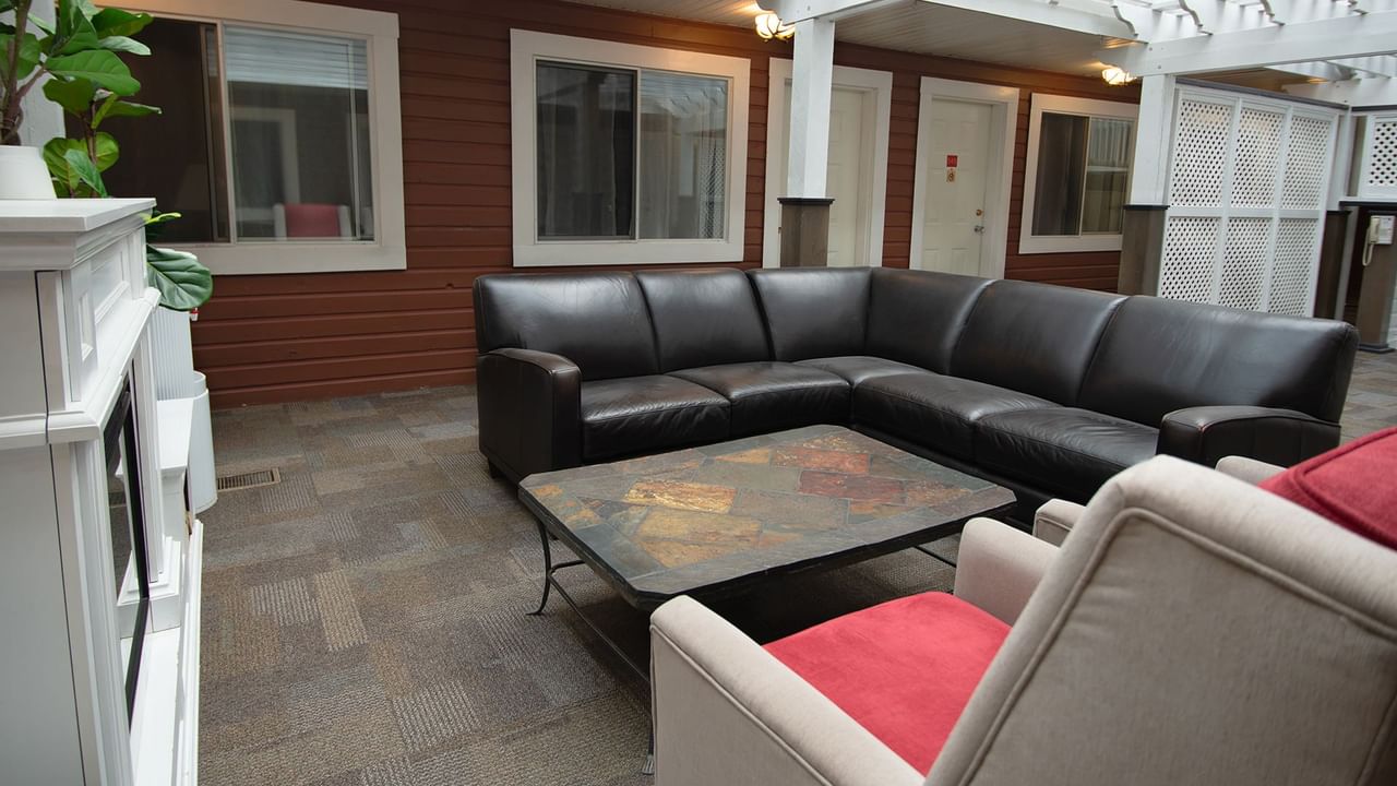 couch, fireplace, and table