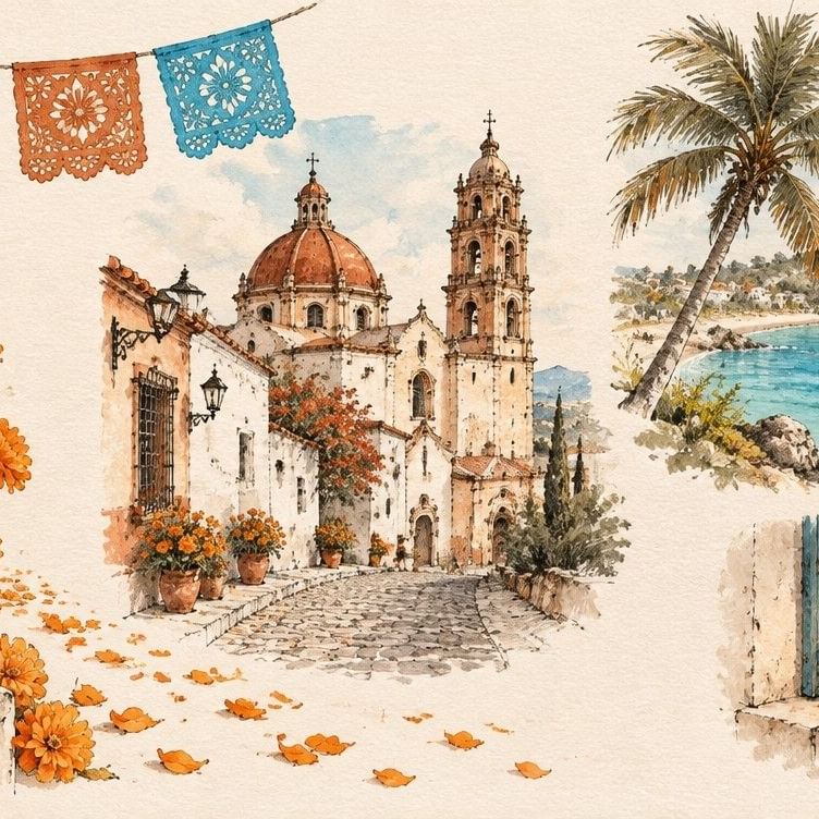 Collage artístico con iglesia colonial, playa tropical con palmera, flores naranjas y banderines decorativos mexicanos