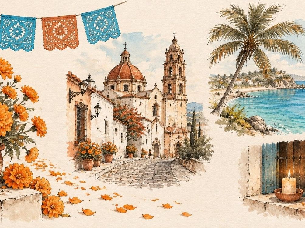 Watercolor collage featuring orange marigolds, papel picado banners, a colonial church, and a tropical beach scene in Mexico