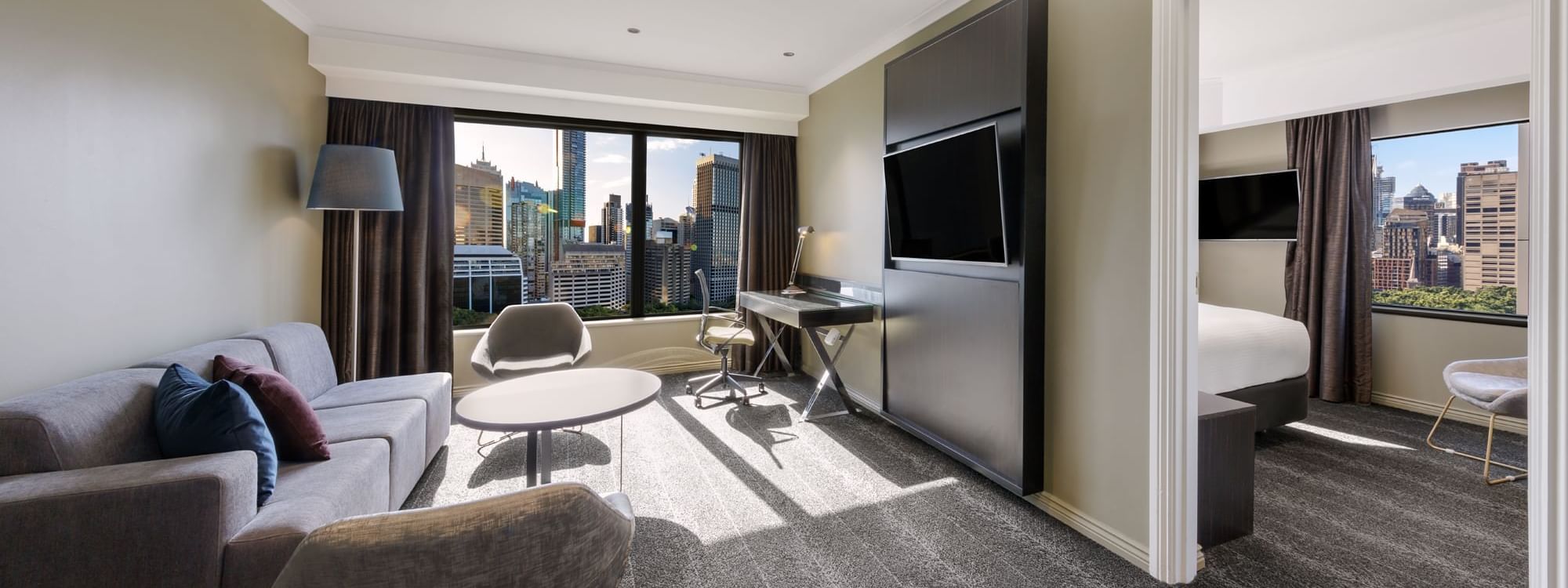 City view from the lounge area in Junior Suite at Pullman Sydney Hyde Park