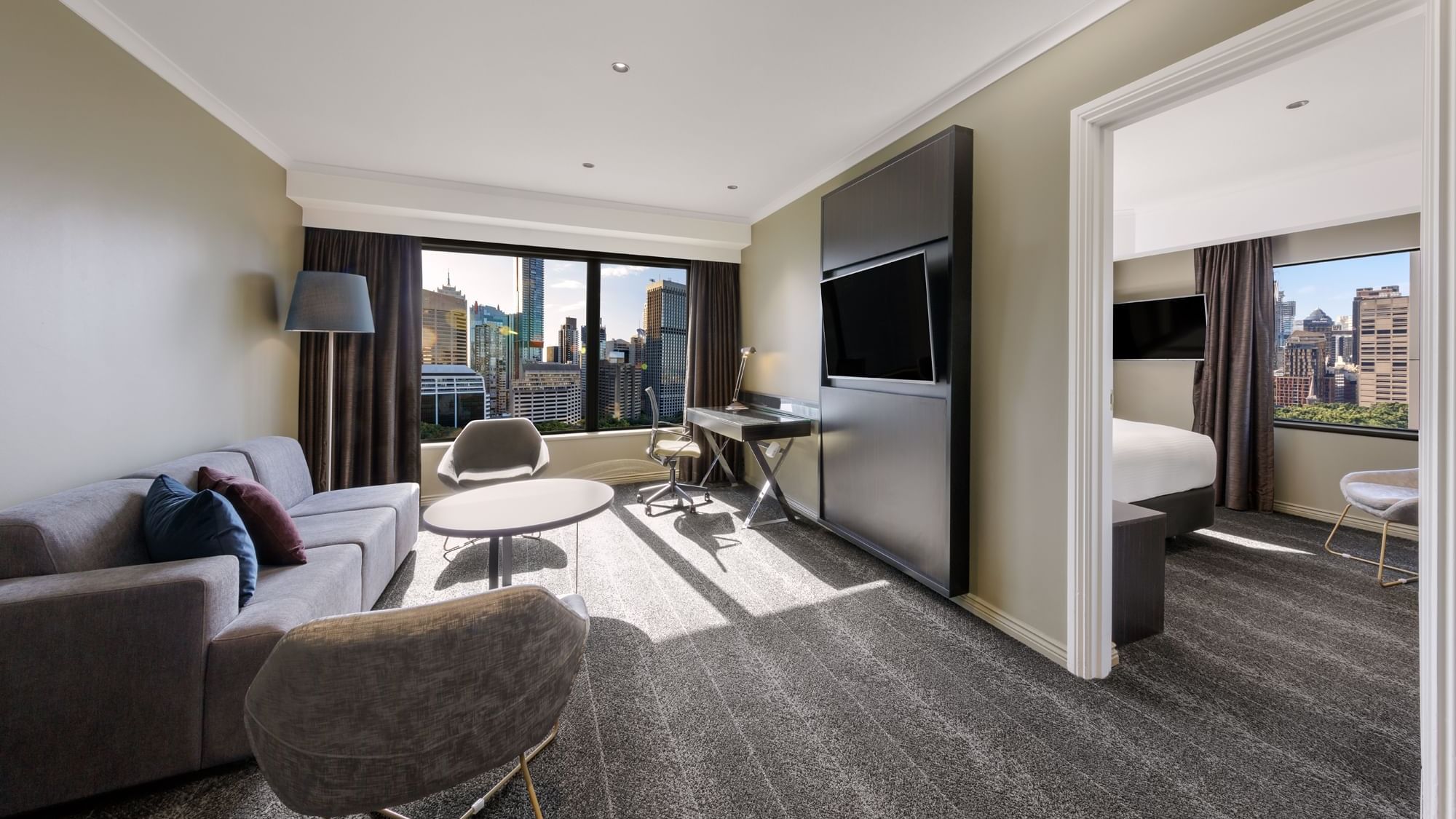 City view from the lounge area in Junior Suite at Pullman Sydney Hyde Park