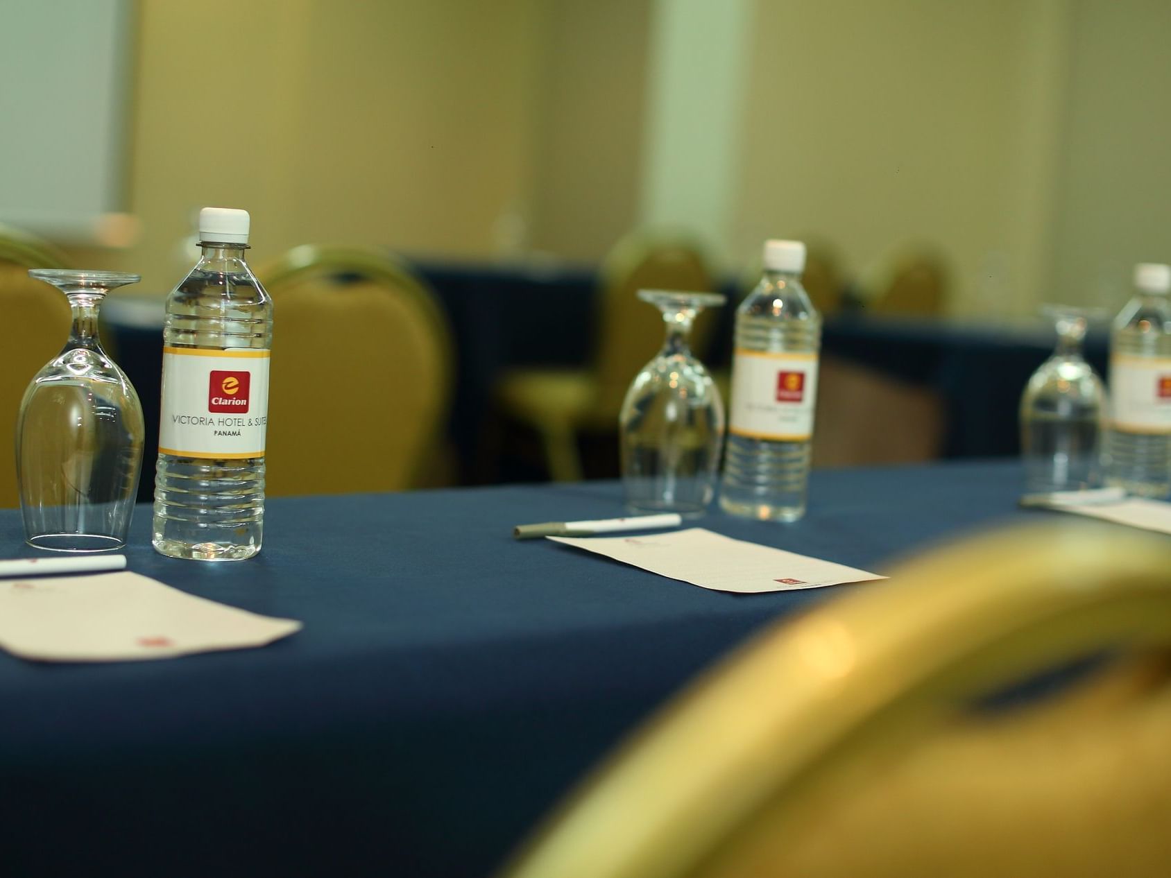 water bottles and glasses on a table