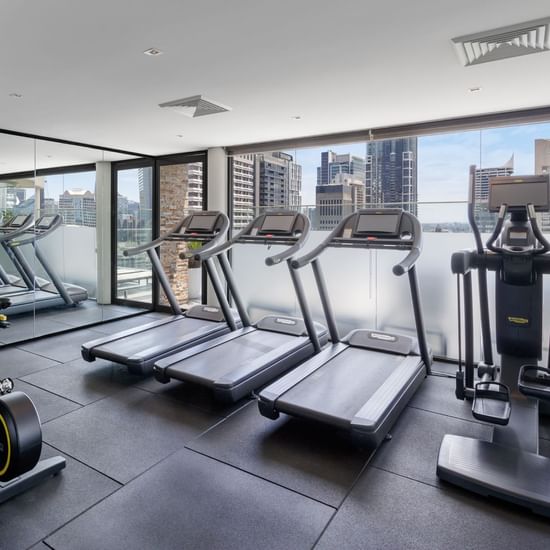Fitness Centre with exercise machines and a view of the city at Pullman Sydney Hyde Park
