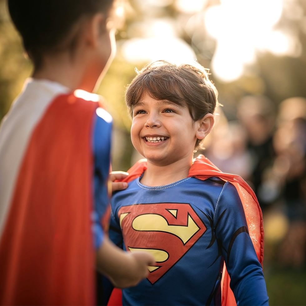 Bambino sorridente in costume da supereroe abbracciato da un altro bambino in costume da supereroe