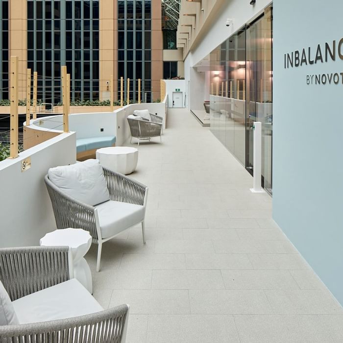 Outdoor lobby of In Balance at Novotel Melbourne on Collins