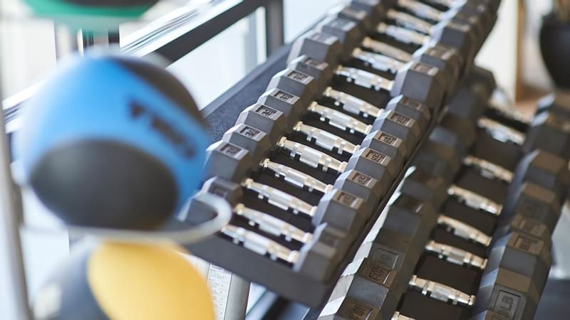 Close-up of a dumbbell rack in  Fitness Room at Warwick Denver