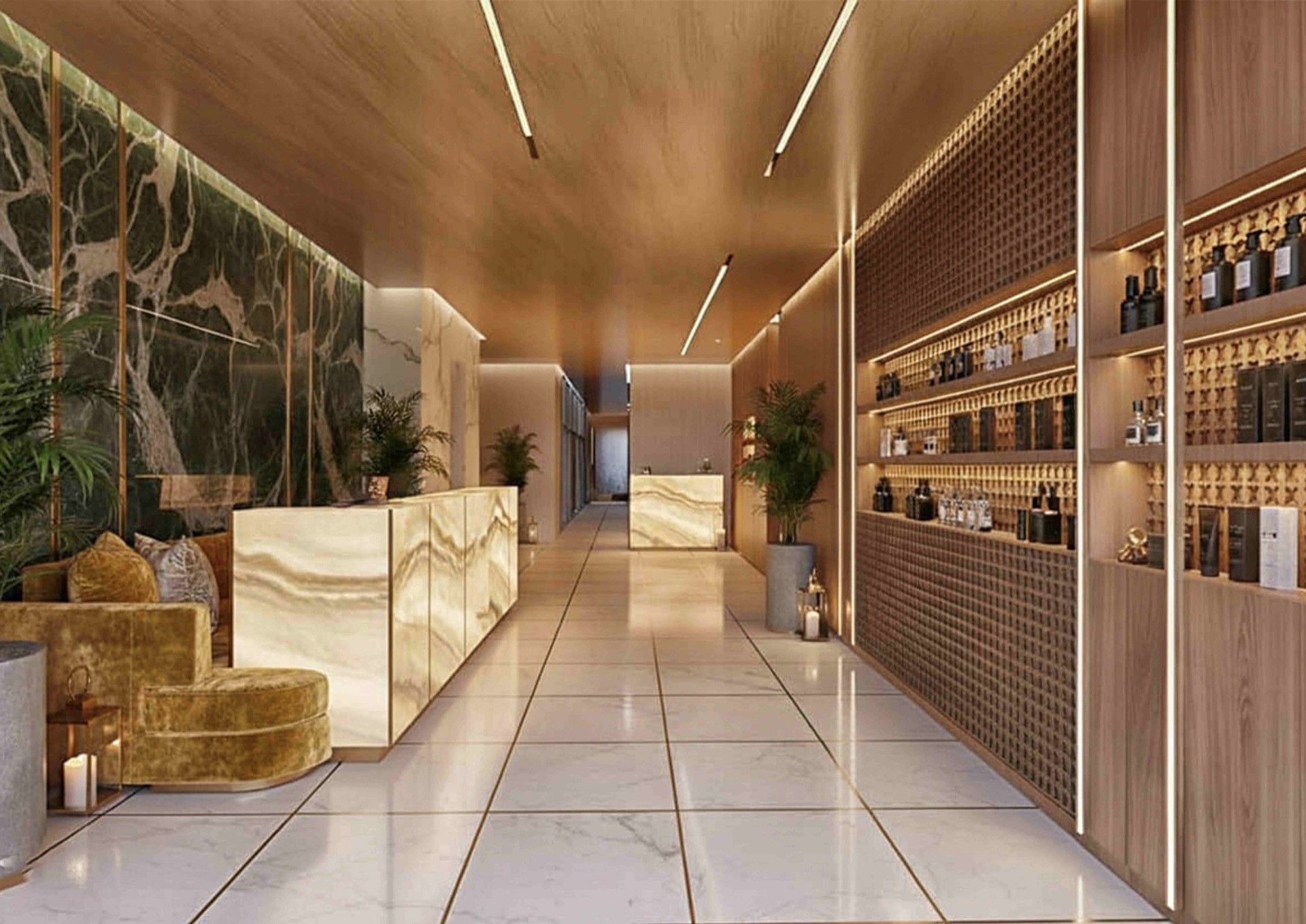 Spa reception with glowing marble counters by product shelves at Palmeraie Golf Palace, the best family hotels in Marrakech