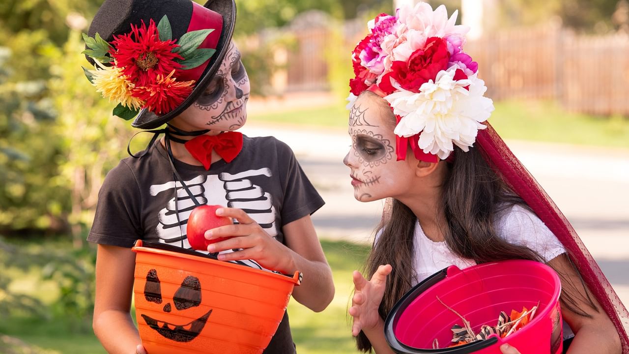 two children in halloweeen costumes