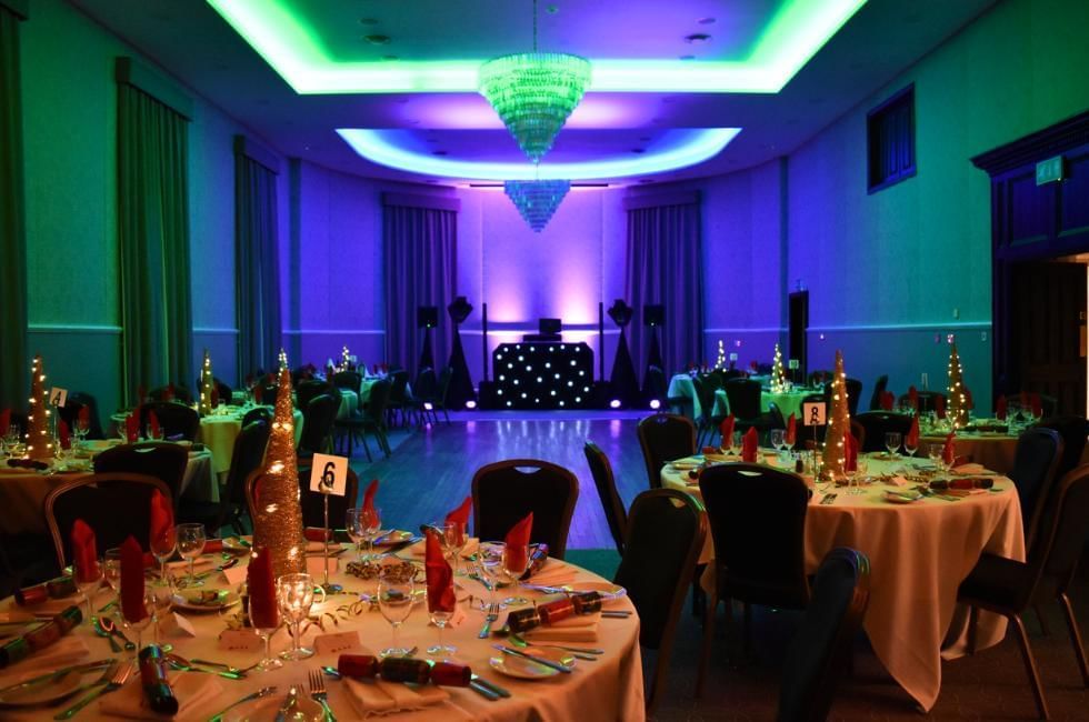 Ballroom ready for festive party at Villiers Hotel offering some of the best Christmas parties in Buckinghamshire
