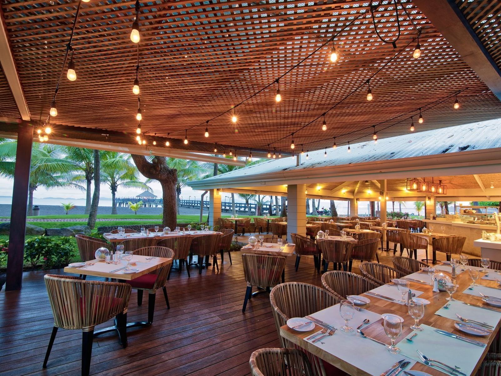 Interior of Macarela Restaurant with lights at Fiesta Resort