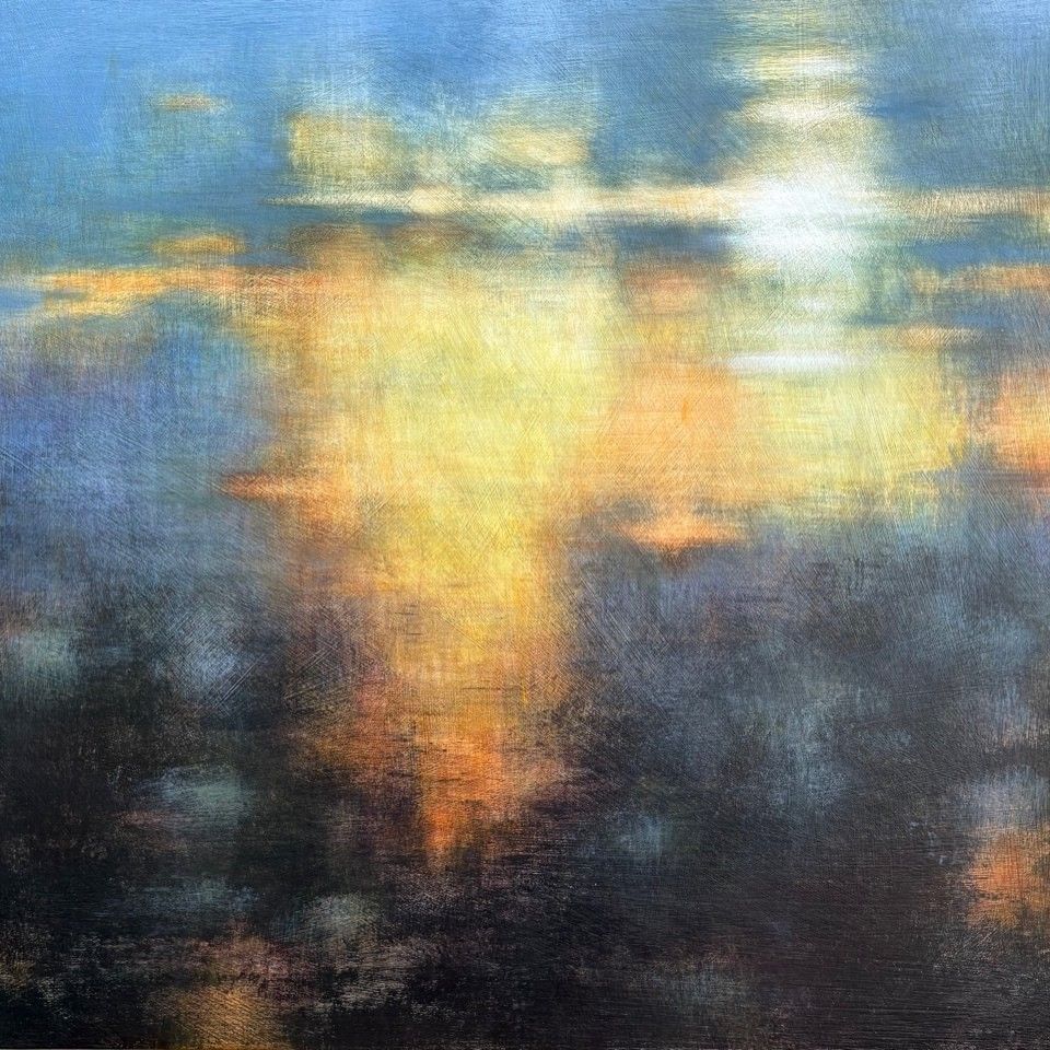Abstract painting of a sunset with blurred clouds and golden hues for an artist reception event.
