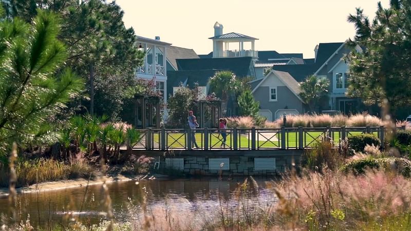 Close-up of the bridge over the lake at Watersound Inn
