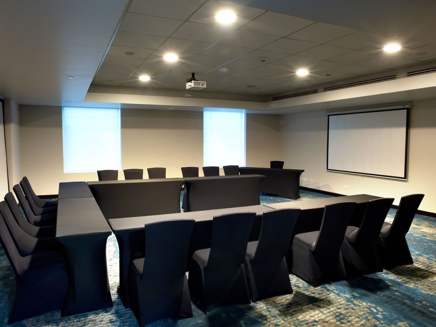 Aqua Room with U-shape table, chairs and screen at D Sabana Hotel, San Jose Costa Rica Hotel