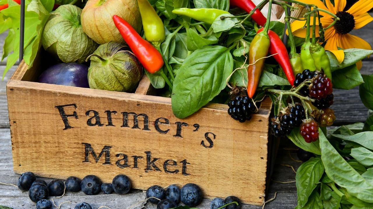 Basket of fresh fruit and vegetables at a farmer's market